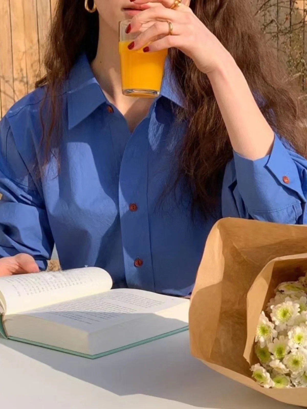 

Loose Long Sve Women's irt Korean Sle Early Spring Klein Blue Vintage Layering Cotton Collar Breathable Pure Color