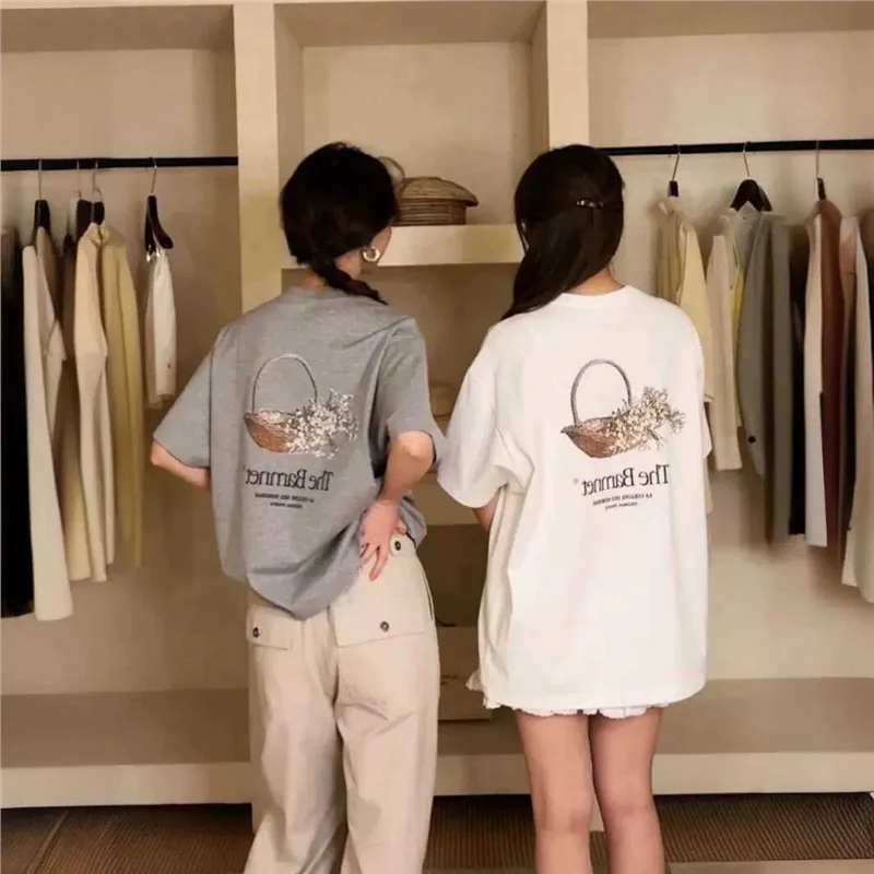 Summer New Women's Loose Cotton Short Sleeve T-shirt Basket Print Casual Style Pure Cotton Top Comfortable round Neck Shirt