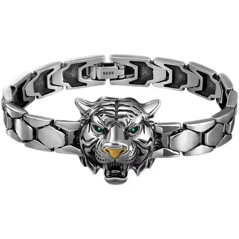 Original Design Tiger Head S925 Sterling Silver Domineering Tiger Zodiac Bracelet Men's Fashion Personalized Silver Gifts Bangle