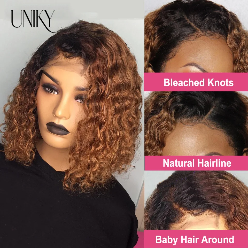 Brazilian Highlight Curly Bob Wig Deep Wave Frontal Wigs Curly Human Hair Wig 13x4 Ombre Colored Lace Front Wigs For Black Women