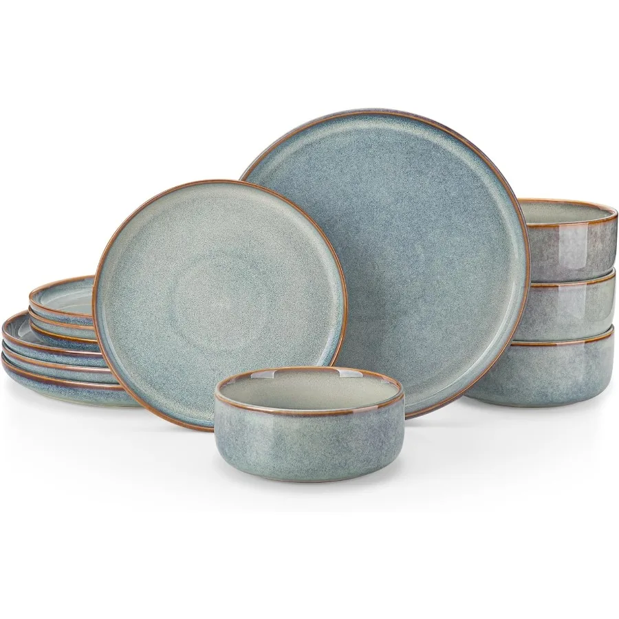 

Plates and Bowls Sets, 12 Pieces Light-Blue Dinnerware Sets for Kitchen, Reactive Glaze Dishes Set for 4, Dishwasher and Microwa