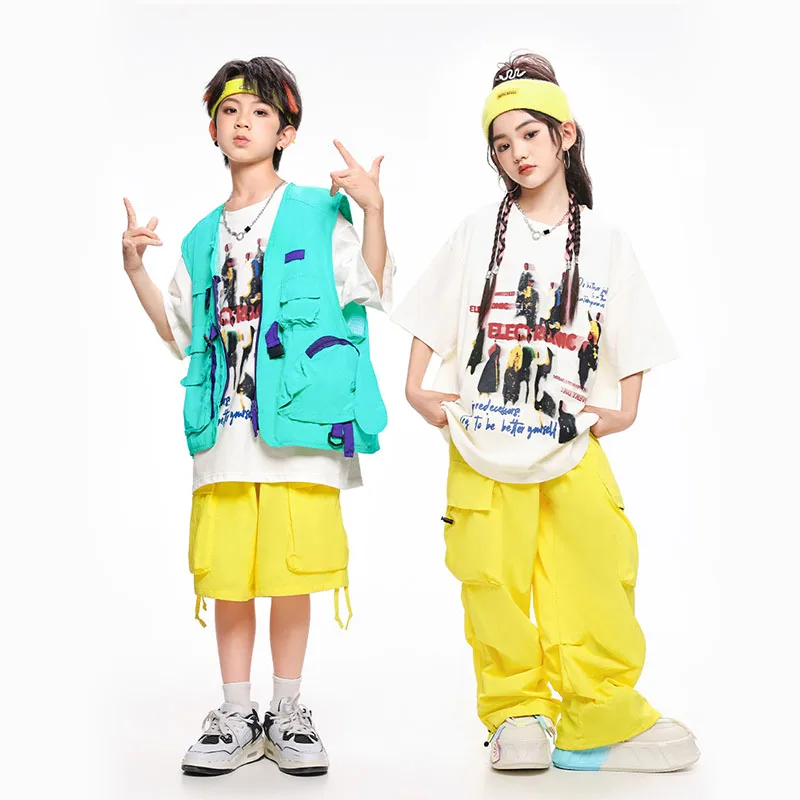 

Kid Hip Hop Clothing Blue Sleeveless Jacket Vest Yellow Casual Wide Cargo Pants Shorts for Girl Boy Jazz Dance Costume Clothes