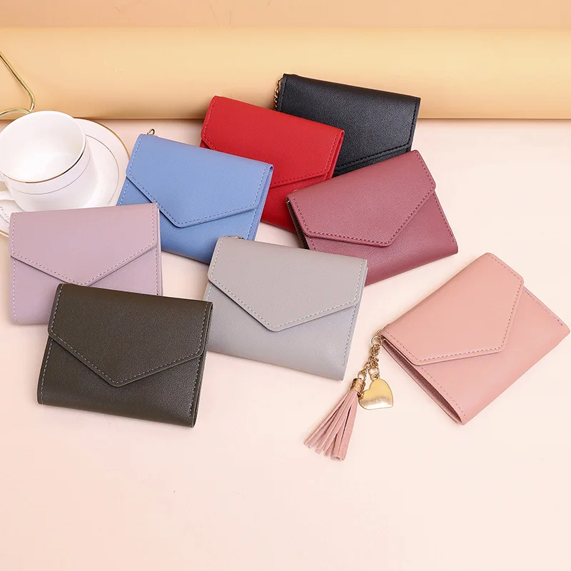 Fashion Short Wallets Mini Tassel Pendant Wallet Handbag for Girl PU Leather Card Holder Foldable Portable Lady Coin Purses