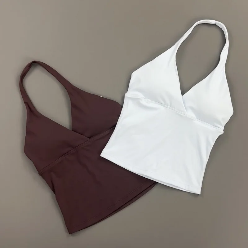 Women Halter Cropped Tank Top V‑Neck Built‑in Padded Bra Sleeveless Stretchy Soft Camisole Yoga Gym Workout Fitness ActiveWear image 3