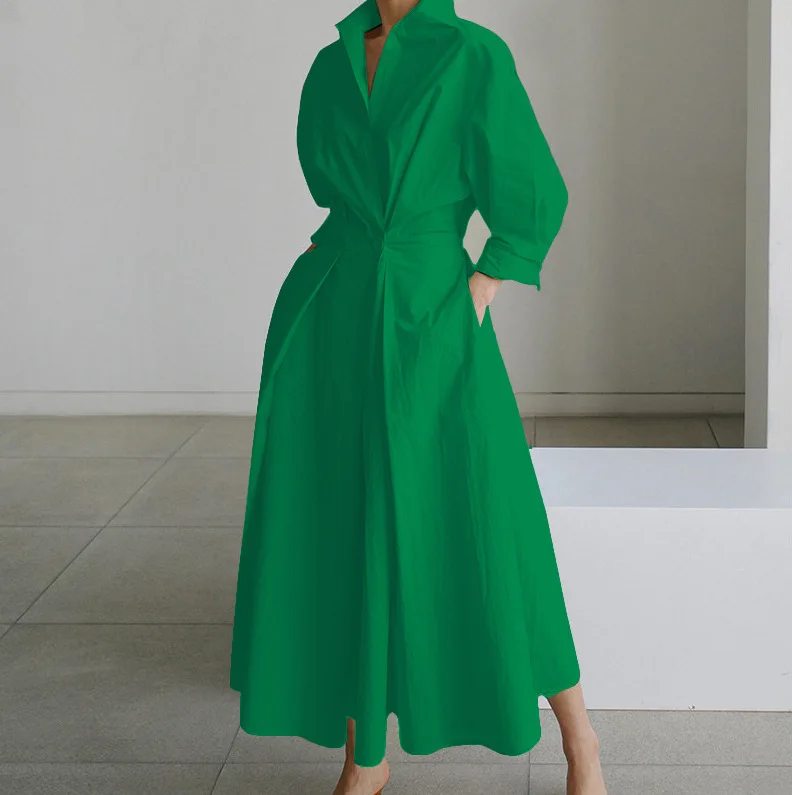 Elegante Damen-Sommerkleider 2026, lockeres A-Linien-Maxikleid mit langen Ärmeln und Taschen, für Büro, Pendler, Straßen- und Freizeitmode. – Detail 7
