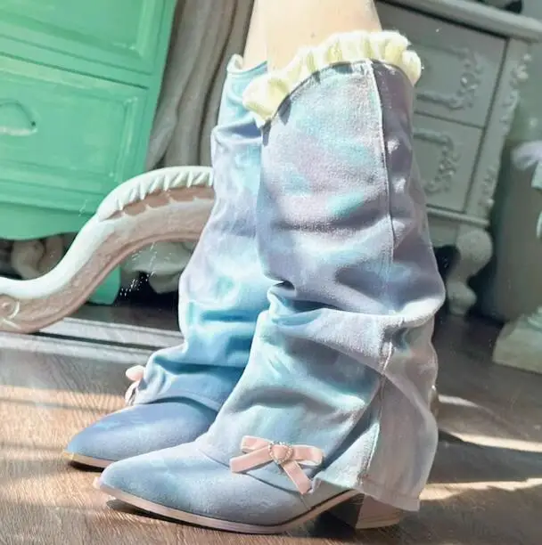 Sweet Ruffles Flower Foldover Denim Boots Pointed Toe Chunky High Heel Mid Boots Cute Bow Boots for Women Zapatos Para Mujere