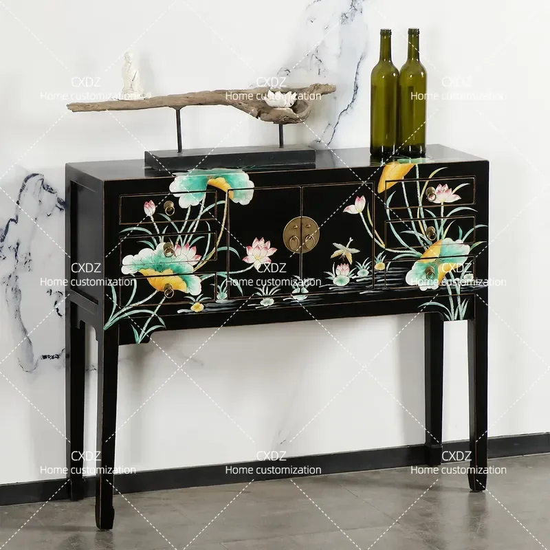 Modern New Chinese Style Solid Wood Lotus Pattern Entrance Cabinet for Living Room Tea House Foyer Decorative Storage Console