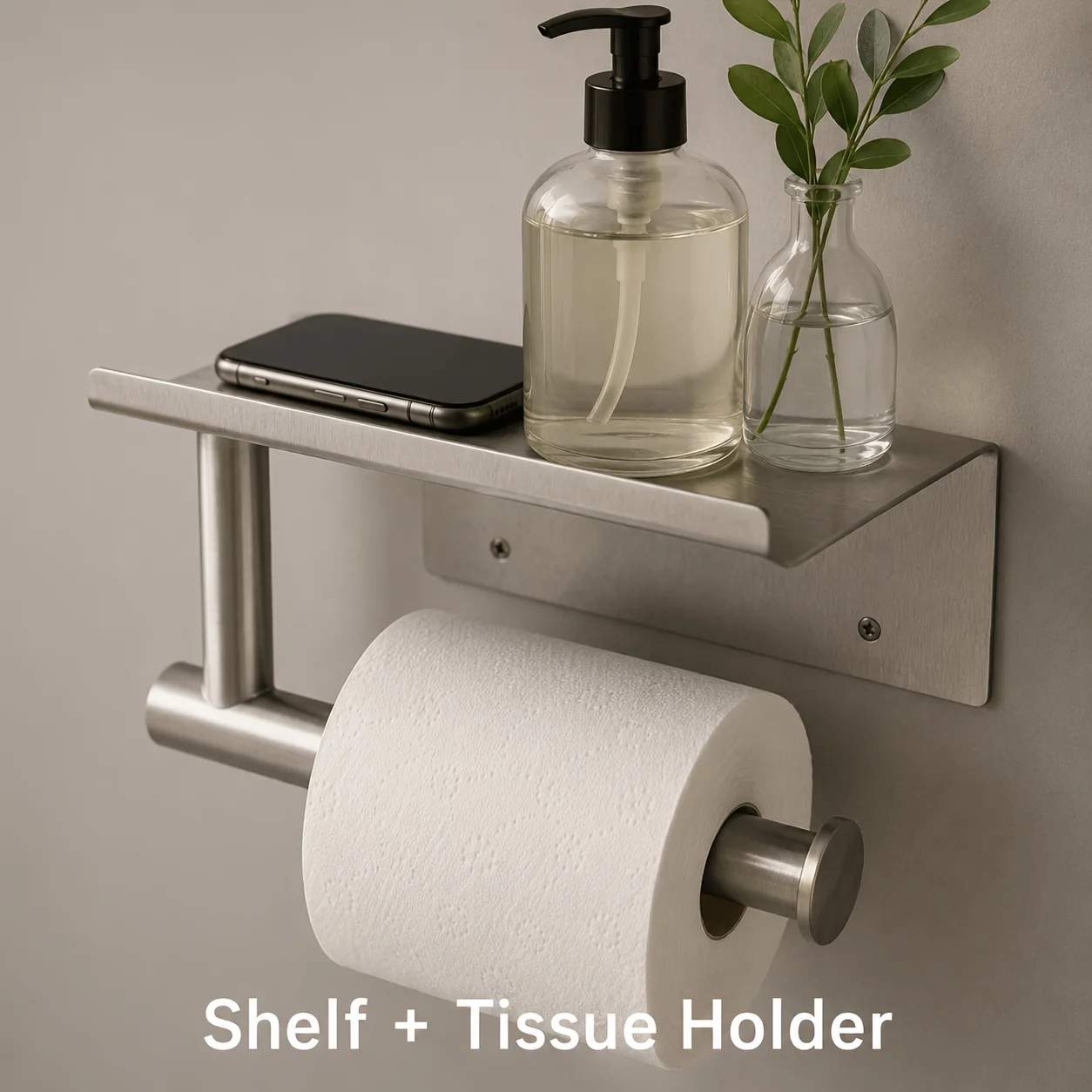 Self‑Adhesive Stainless Steel Toilet Paper Holder, Roll Paper Storage Rack, Bathroom Tissue Holder with Phone Storage Shelf