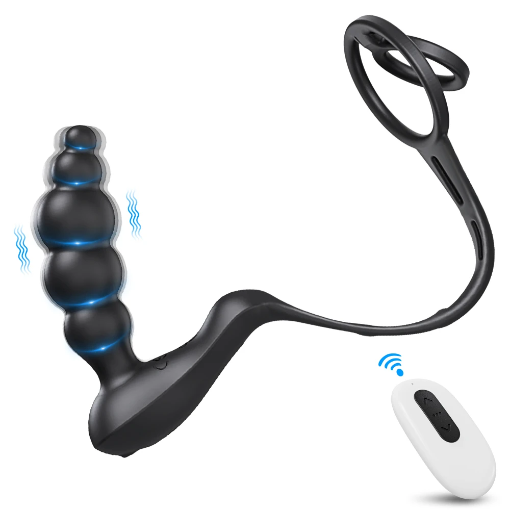 เครื่องสั่นห่วงรัดอวัยวะเพศชายพร้อมลูกปัดเซ็กซ์ทอยเสียบก้นสำหรับคู่รักเครื่องนวดก้นต่อมลูกหมากไร้สายระยะไกล