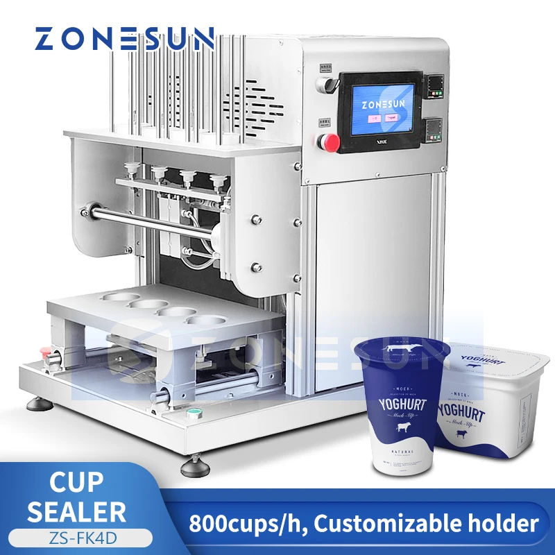 ZONESUN ZS-FK4D Semi Automatic Cup Sealing Machine 800 Cups/H Pre-Cut Lid Tray Sealer for Yogurt Plastic Cups Custom Holder