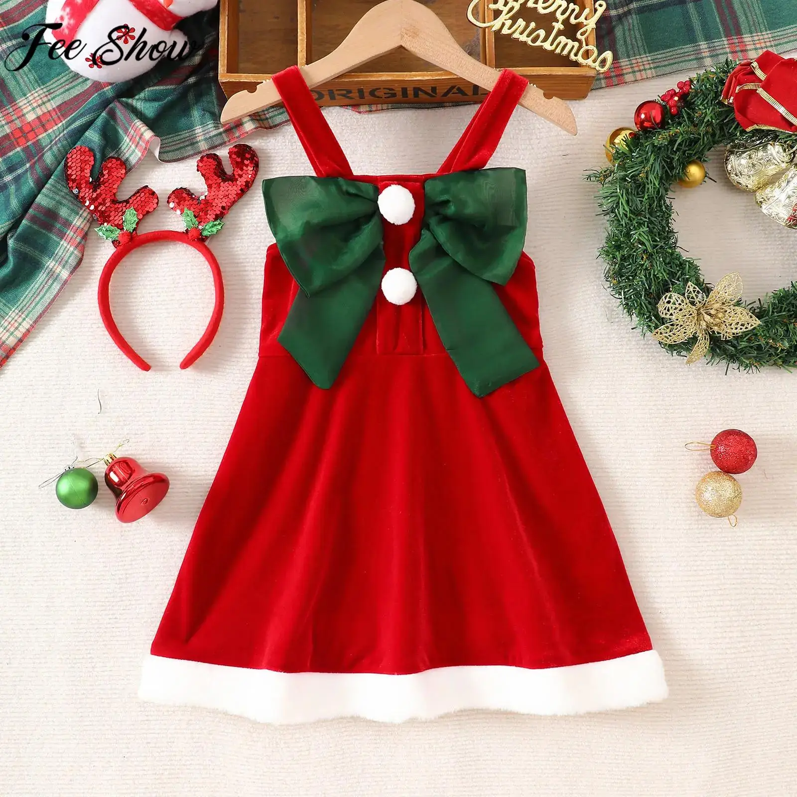 

Baby Girls Christmas Santa Elf Cosplay Costume Sleeveless Bow Pompom Velvet Dress with Antler Hair Hoop for Xmas New Year Party