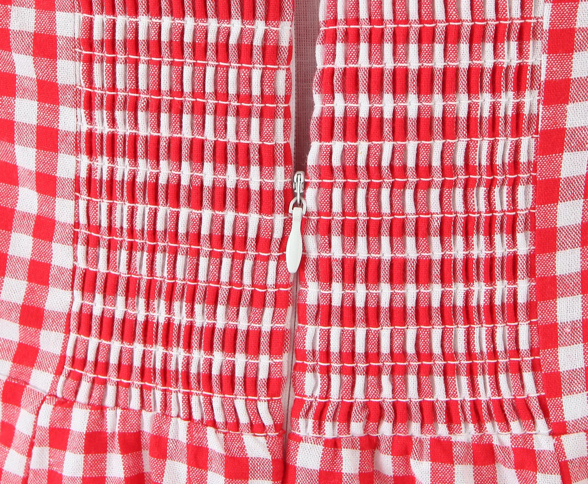 Abito da donna in lino Tala con scollo all'americana e spacco laterale sul retro, senza maniche, a quadri di pomodoro