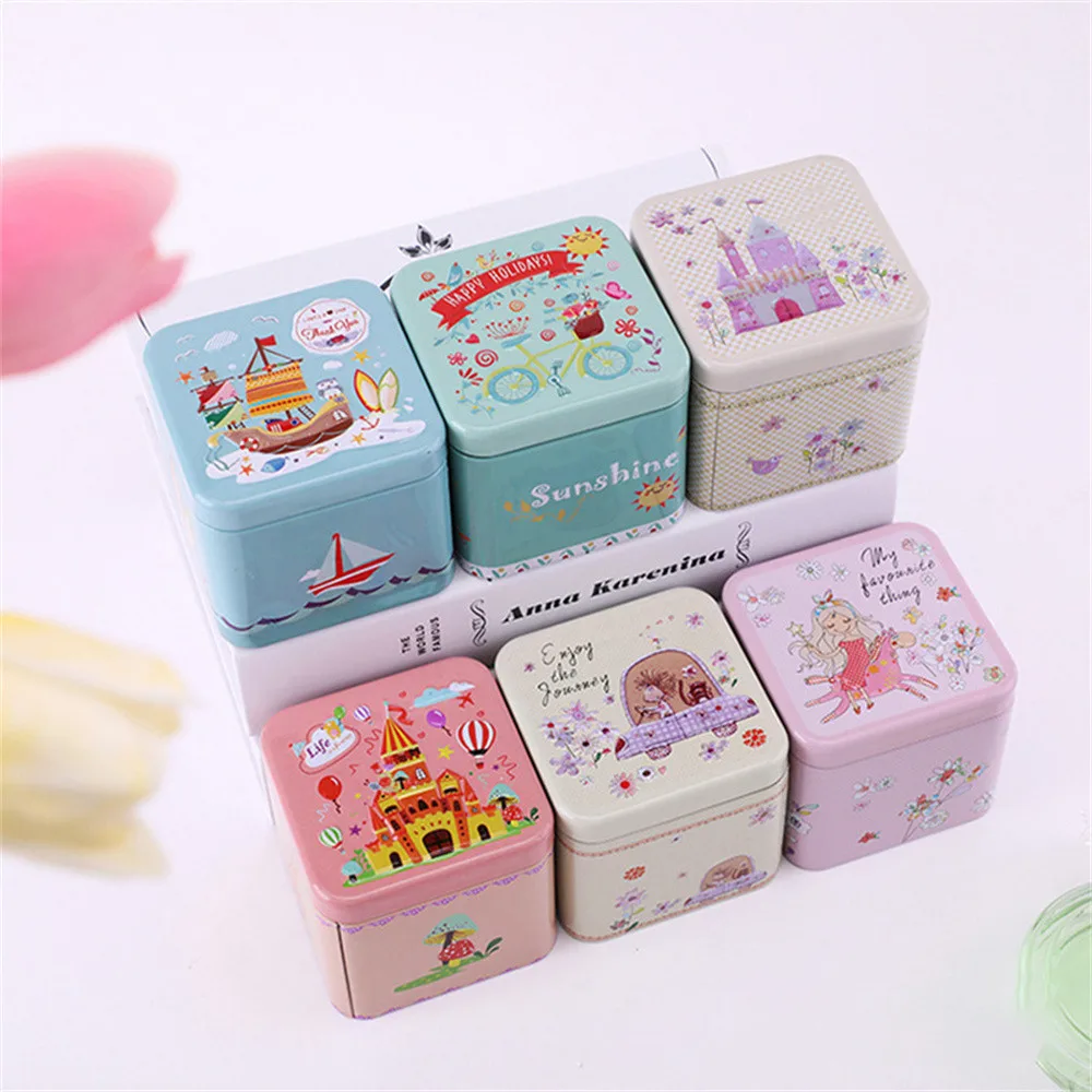 Colorful Metal Mini Square Tin Can Cartoon Carving Box for Children Candy Beads Coin Earrings Sealed Jar Packing Storage Gifts