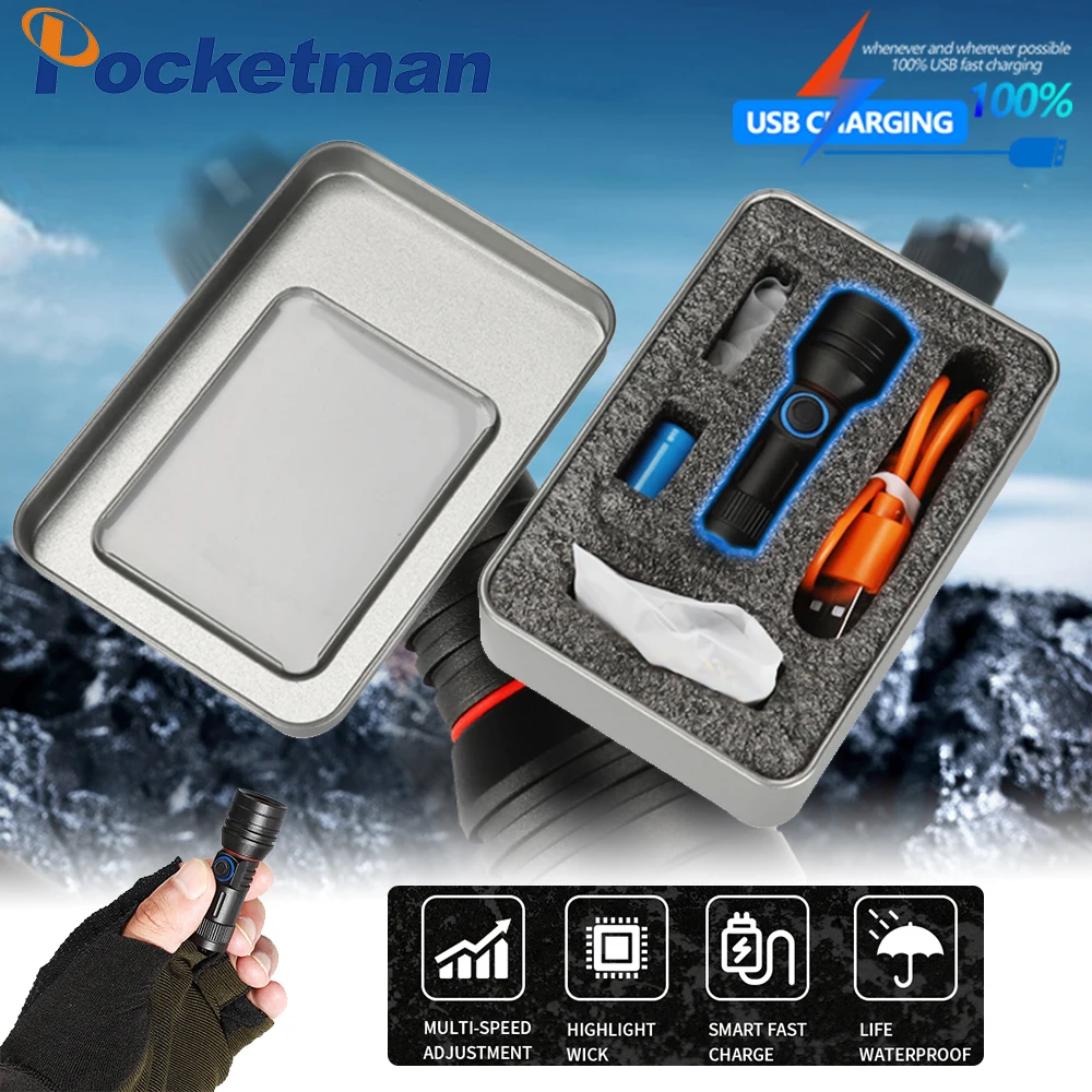 

Pocketman New Portable Mini USB Fast Charging led Flashlight 4 Modes Electric Display Light Waterproof Hanging Necklace torch