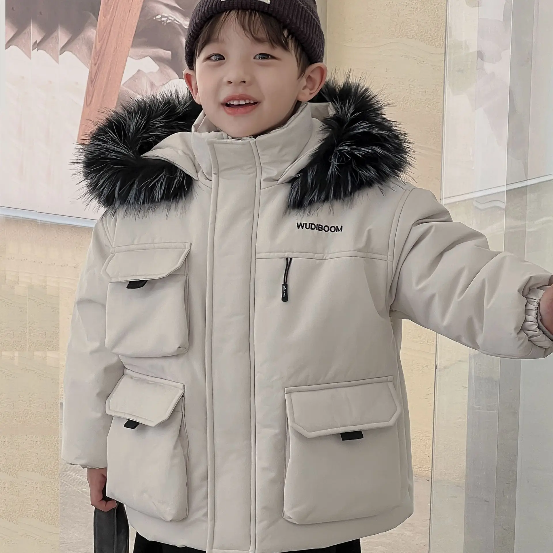 Autumn Winter New South Korean Children Clothing for Boys in Small Children Large Fur Collar Thickened Cotton-padded Clothes