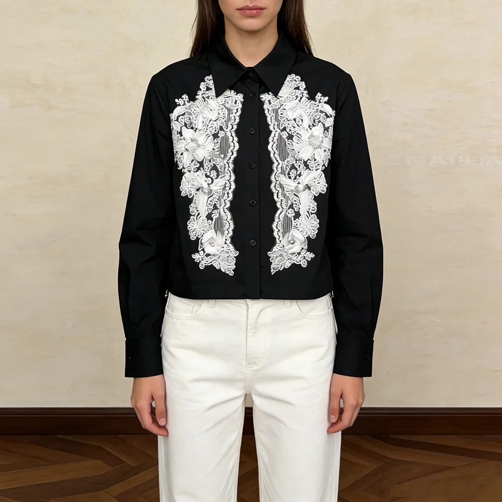 TWOTWINSTYLE Solid Spliced Lace Shirt Female Lapel Long Sleeve Loose Elegant Luxury Women's Shirts Autumn Fashion New Clothing