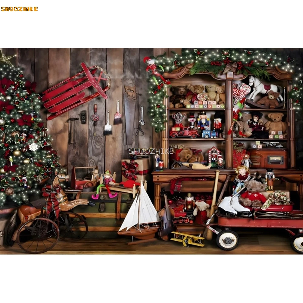 Sfondo fotografico natalizio invernale Albero di Natale Regalo Orso Ritratto per bambini Decorazioni per feste Sfondo fotografico con tavola di legno marrone
