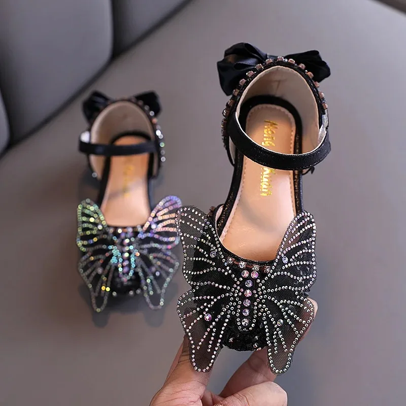 

Children Autumn Princess Bow Leather Shoes Girls Sequins Performance Pearl Dance Shoes Girls Rhinestone Ribbon Mesh Single Shoes