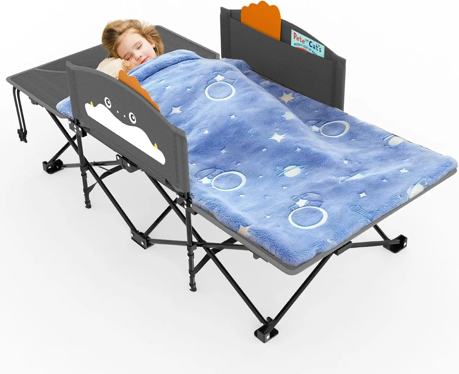 

Toddler Cot with Cartoon Handrail, Folding Travel Bed for Kids, 56" Long, Supports 330 lbs, Gray