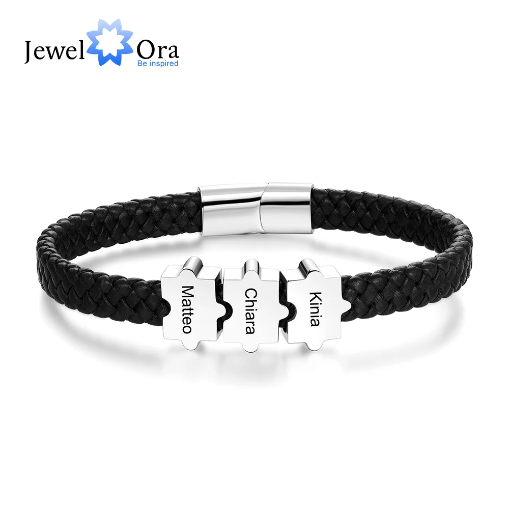 

Personalize Men Beads Charm Bracelets 22cm Family 2 3 4 5 Names Leather Bangle Jewelry Gift for Father Dad Grandpa Husband