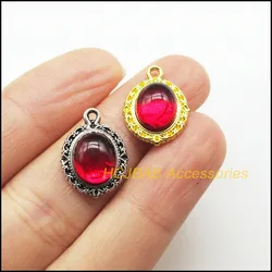 15 New Oval Charms Red Flower Glaze Pendants Tibetan Silver Plated & Gold Color 14x18mm