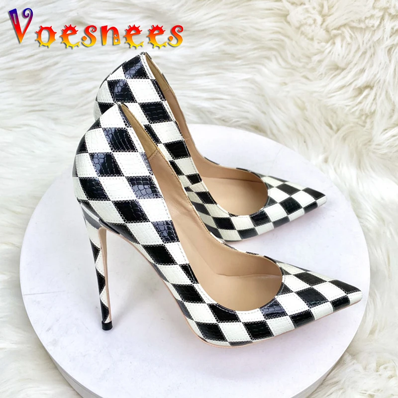 Voesnees Everyday Casual Single Shoes Women\'s Rhombus Pattern Color Matching High Heels Office Fashion Design Girls Pumps 12CM