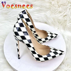 Voesnees Everyday Casual Single Shoes Women's Rhombus Pattern Color Matching High Heels Office Fashion Design Girls Pumps 12CM