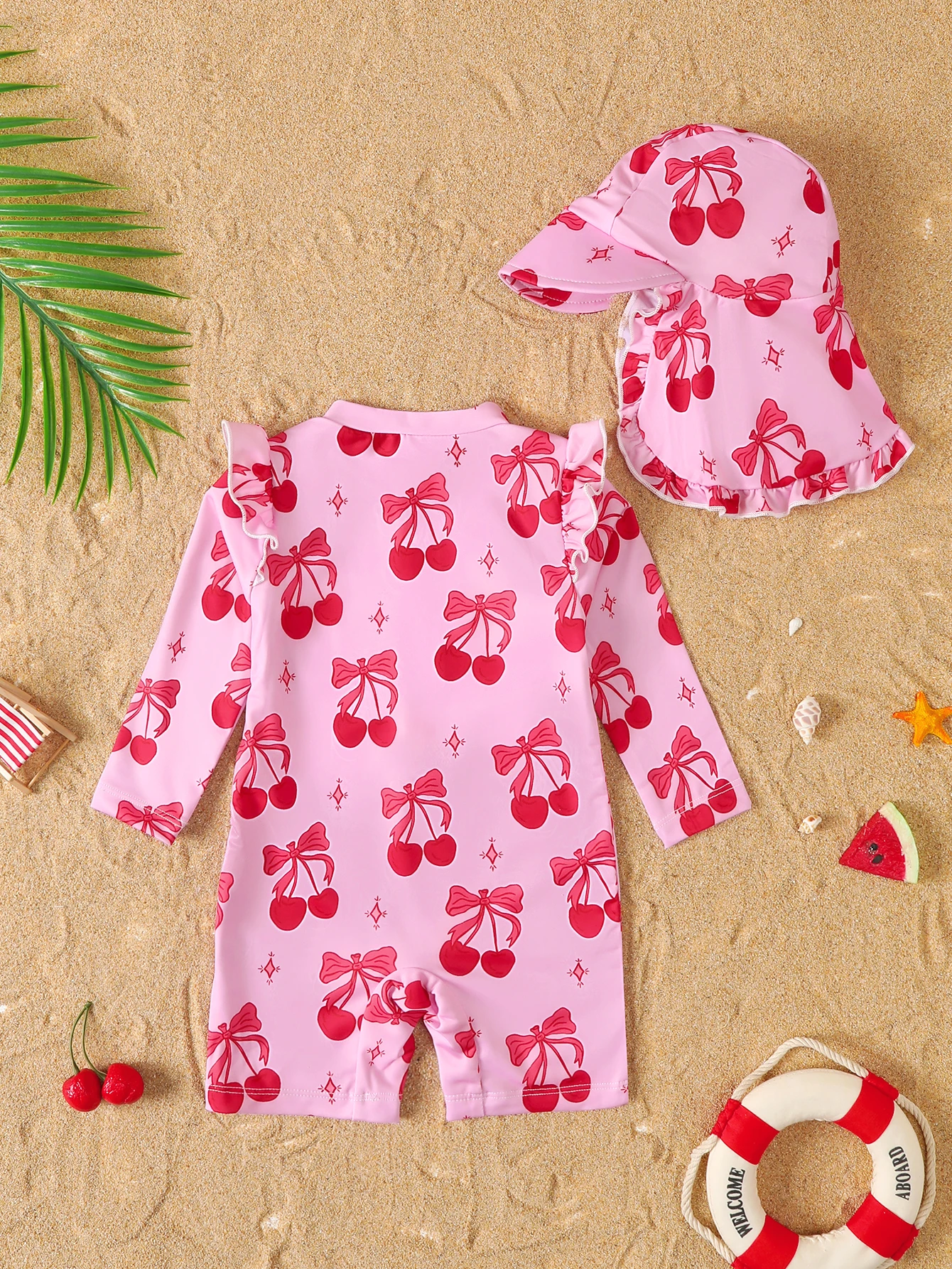 Baby Girl Summer Cherry Print Long Sleeve Onesie Swimsuit with Hat Infant Swimwear Protection And Style in One Piece - view 2