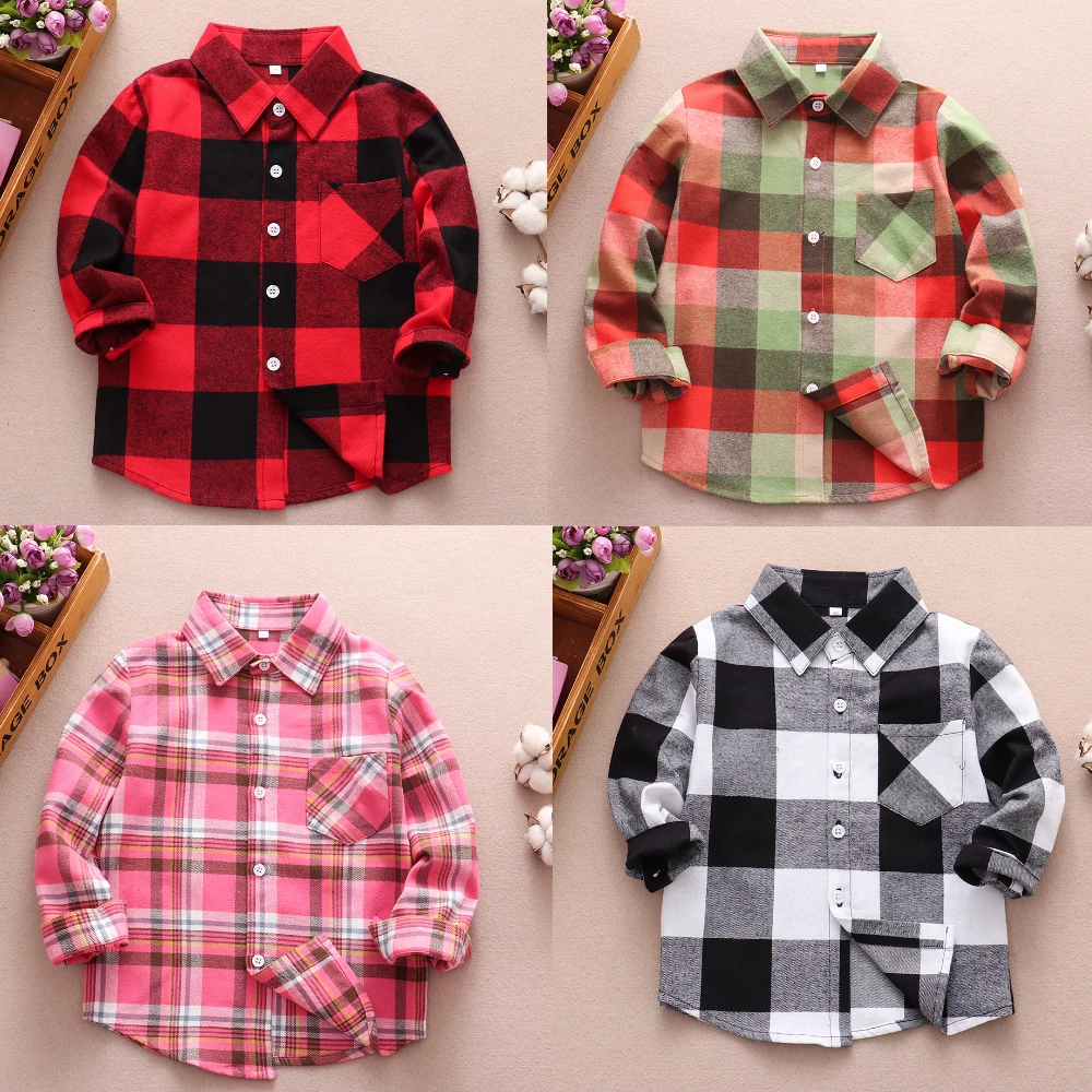 

Kids Plaid Shirt Long Sleeve Casual School Unisex Toddler Youth Thin Tops Boys Girls Blouse Daily Loose Teen Clothes 2-13 Year