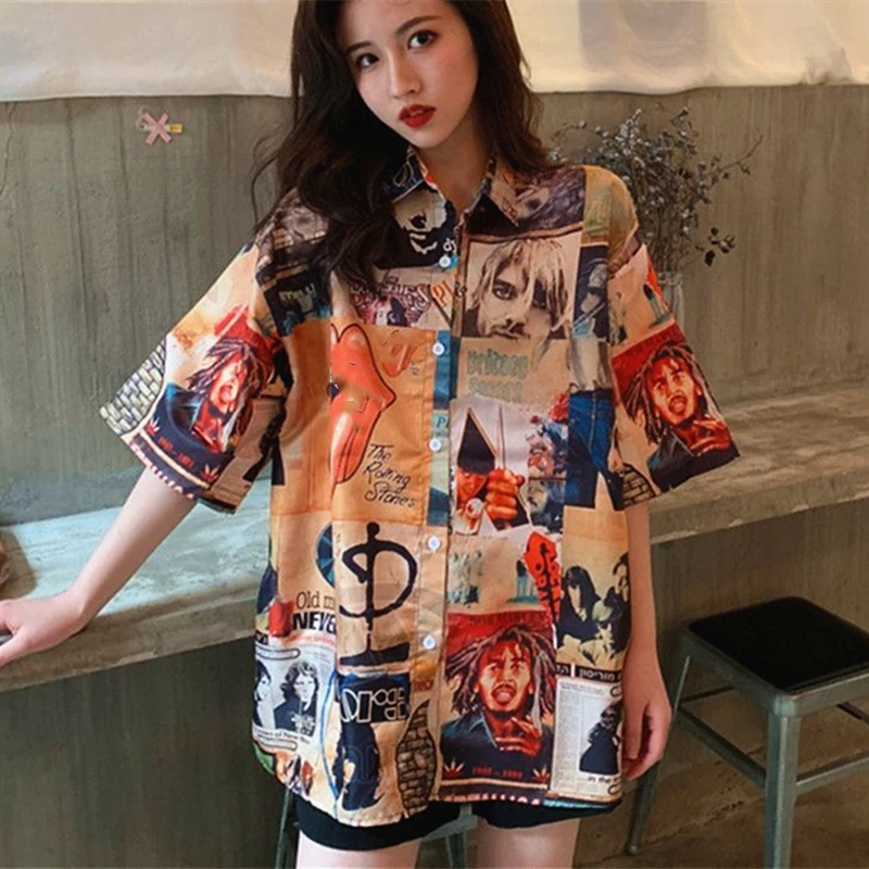 Vintage Hip Hop Man Y2K Pattern Shirts Summer Oversized Blouse Half Sleeve Button Up Laple Tops Hawaiian Fashion Beach Clothing