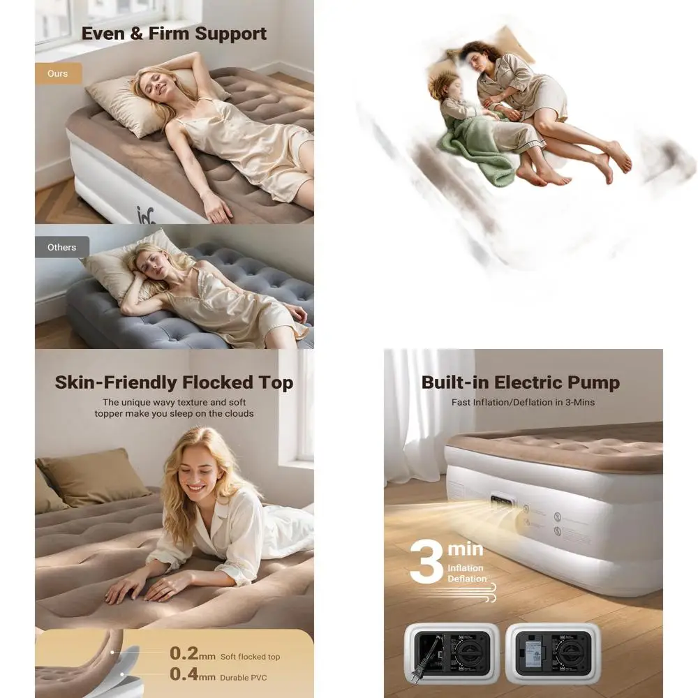 

Portable Inflatable Air Mattress with Built-in Pump, Flocked Top for Comfort, Ideal for Guests and Camping, Brown