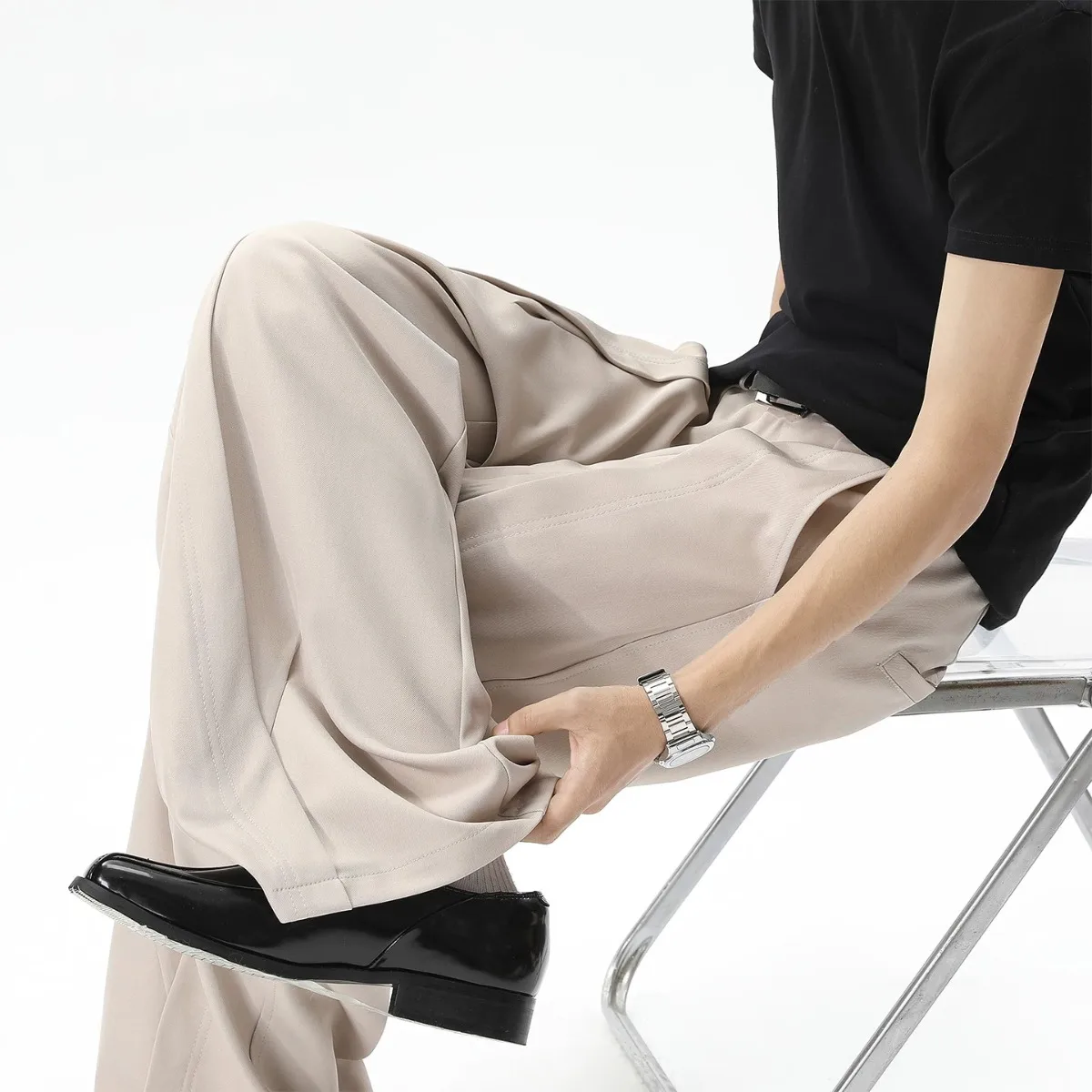 American Style Men's Casual Trousers Autumn New Loose Drapey Knife Pleat Wide Leg Floor Length Pants Casual Business Style