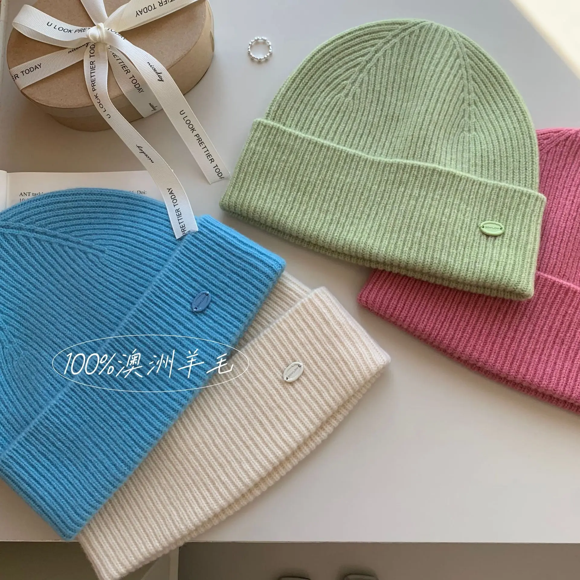 

100% wool beanies hats for women and men knitted winter hat solid color thin soft skullies caps unisex