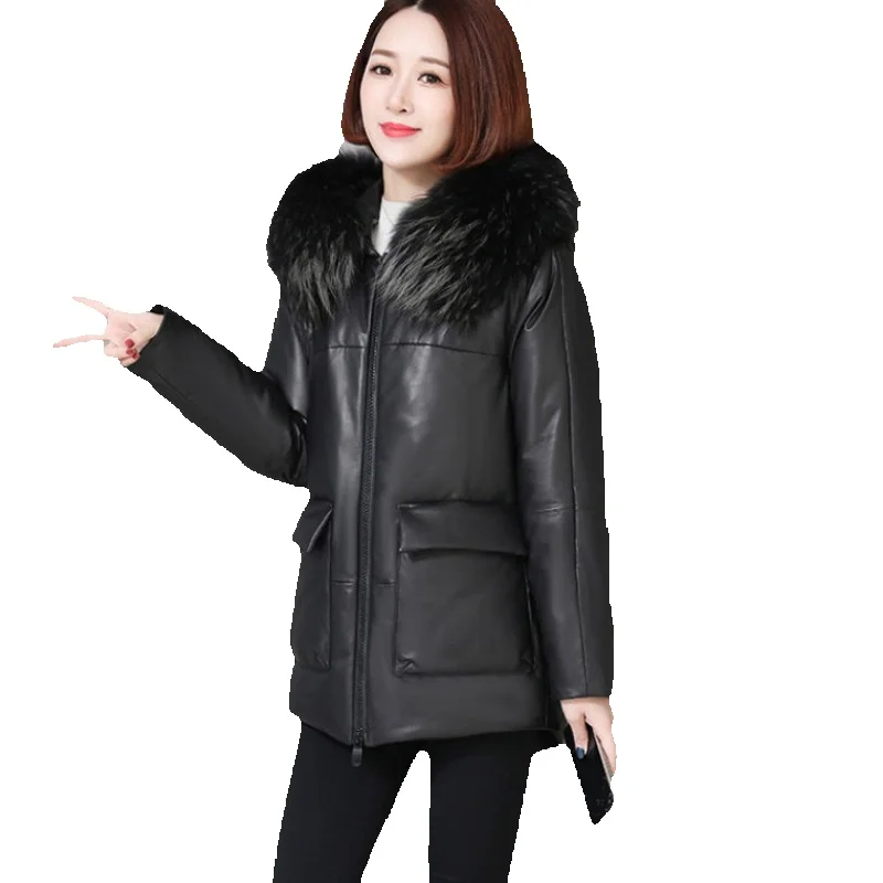 Leather Jacket For Women's New Genuine Leather Down Long Style Raccoon Fur Fashionable Temperament Jacket Loose Fitting