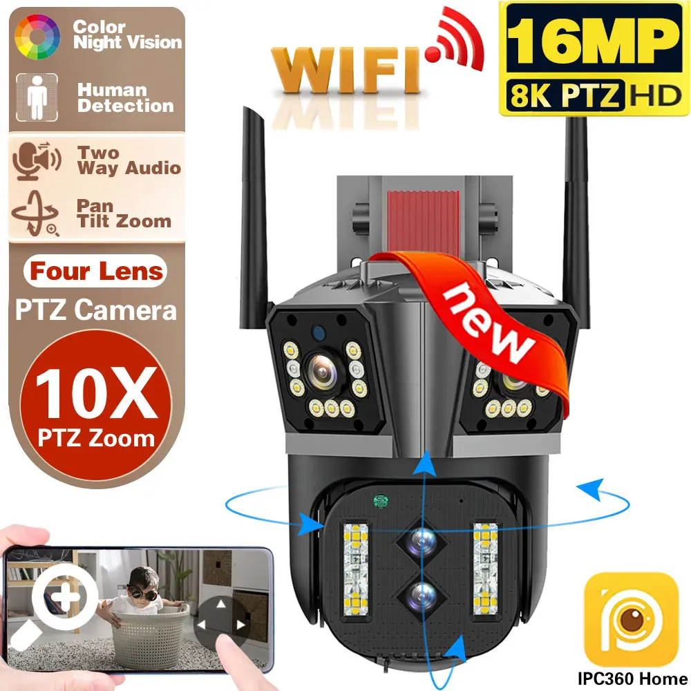 

16MP PTZ Wifi Camera With 4 Lens & 3 Screens 10X Digital Zoom Ai Auto Tacking Video Security Camera 8K Outdoor IP Camera IPC360