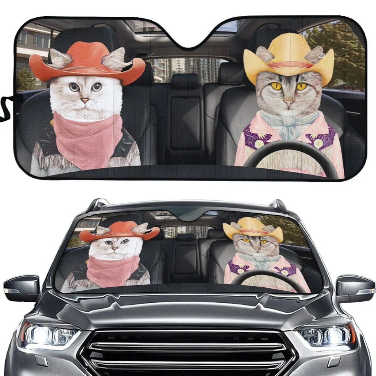 INSTANTARTS Cute Cowboy Cats Car Sun Shade Windshield Durable Sunshade Cover Set of 2 Sunshade for Car Windshield UV Proteter