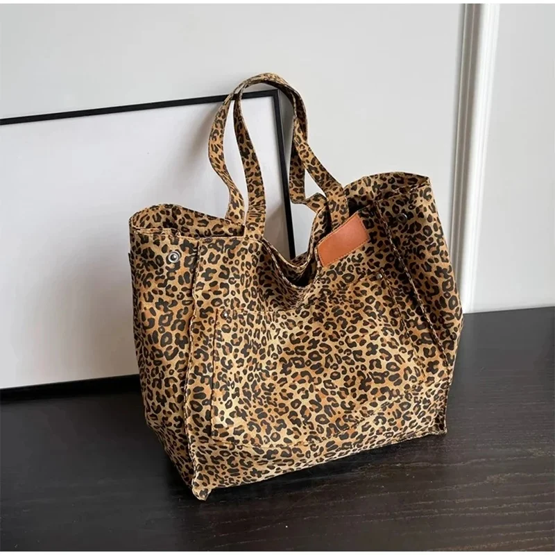Leopard Pattern Tote Bag Vintage Canvas Shoulder Bag Fashion Big Capacity Handbag For School Work Shopping