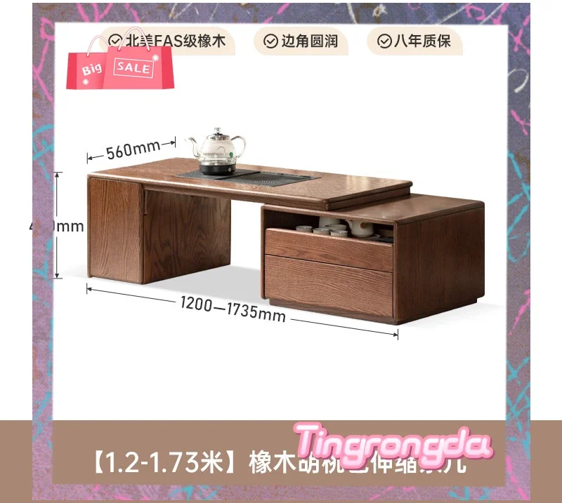 AASolid Wood Retractable Coffee Table Oak Kung Fu Tea Table Living Room New Chinese Tea Table Integrated