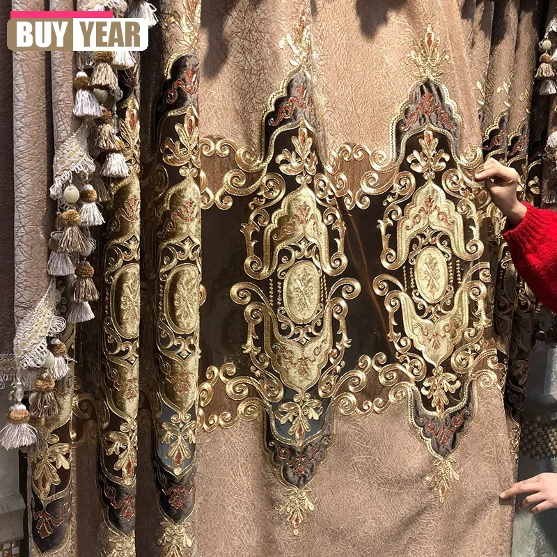 

European Chenille Embroidered Curtains For Living Room Bedroom Blackout Coffee Color Villa Window Luxury Jacquard Valance Custom