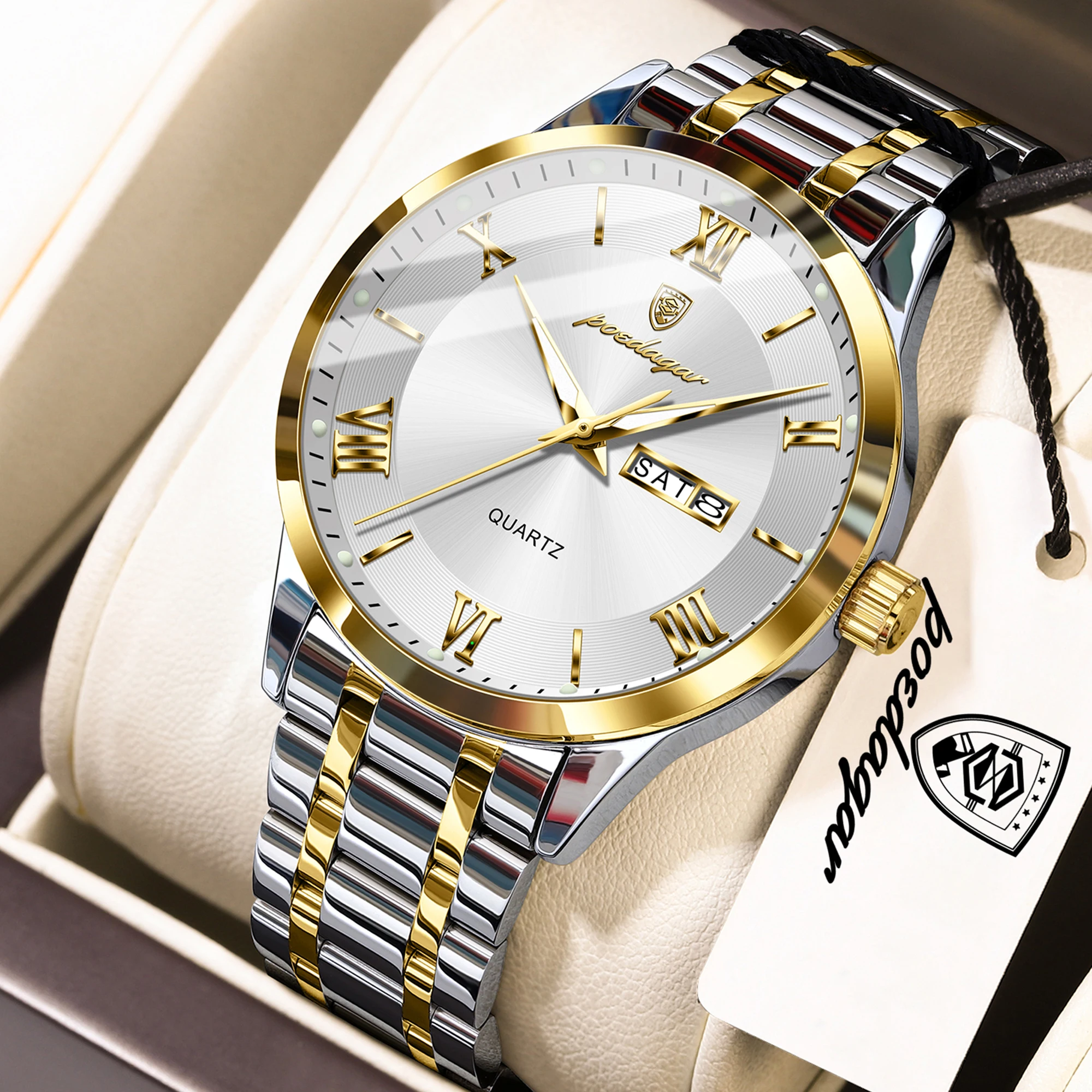 POEDAGAR Top Fashion Man Clock Luminous Waterproof Stainless Steel Men Wristwatch Week Date Quartz Business Men's Watches Reloj