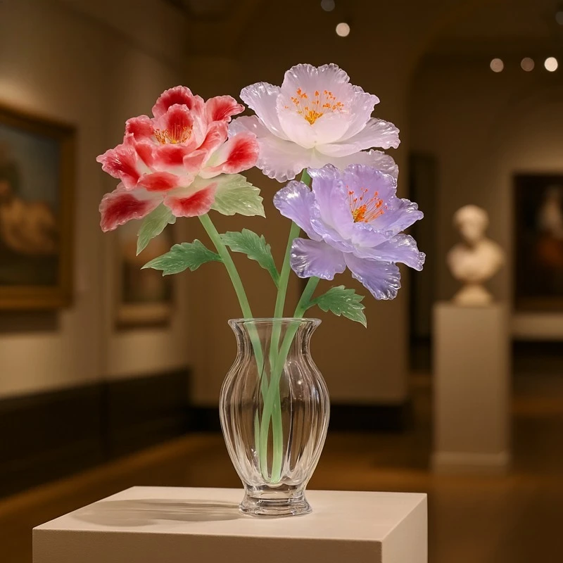 Peony flower light luxury ornament living room decoration simulation immortal flower glass flower gift intangible heritage