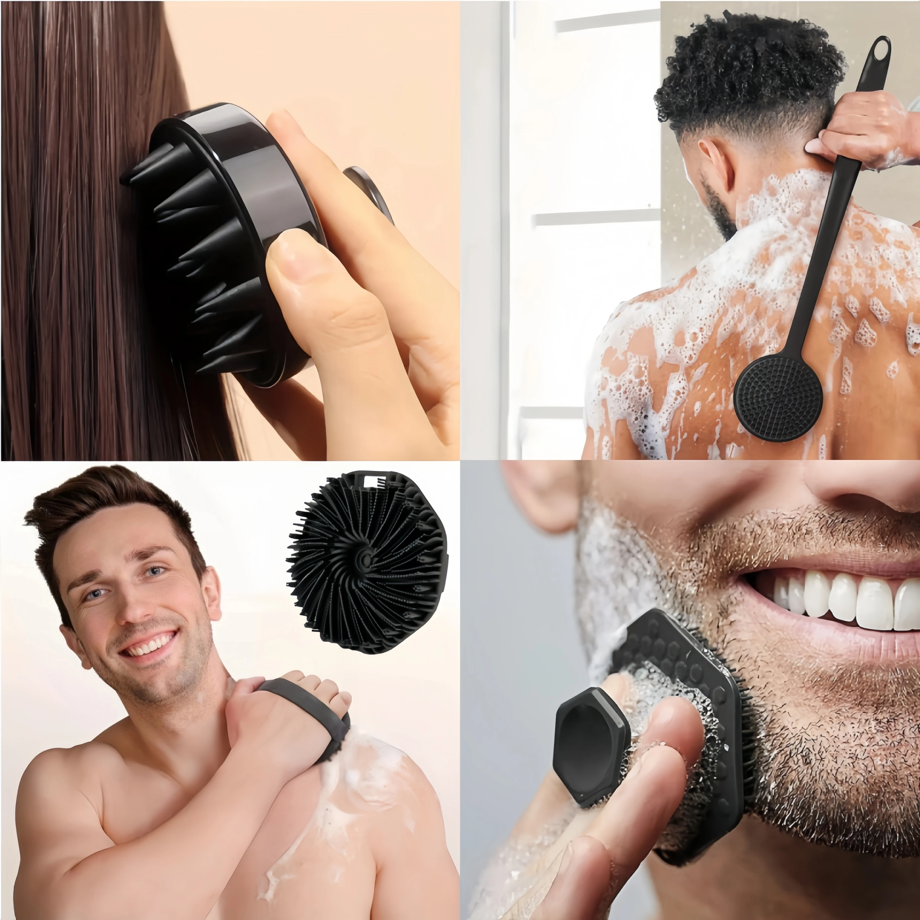 Силиконовая щетка для ванны, набор из 4 предметов, включая скребок для волос — мягкая щетина для чистки тела и кожи головы