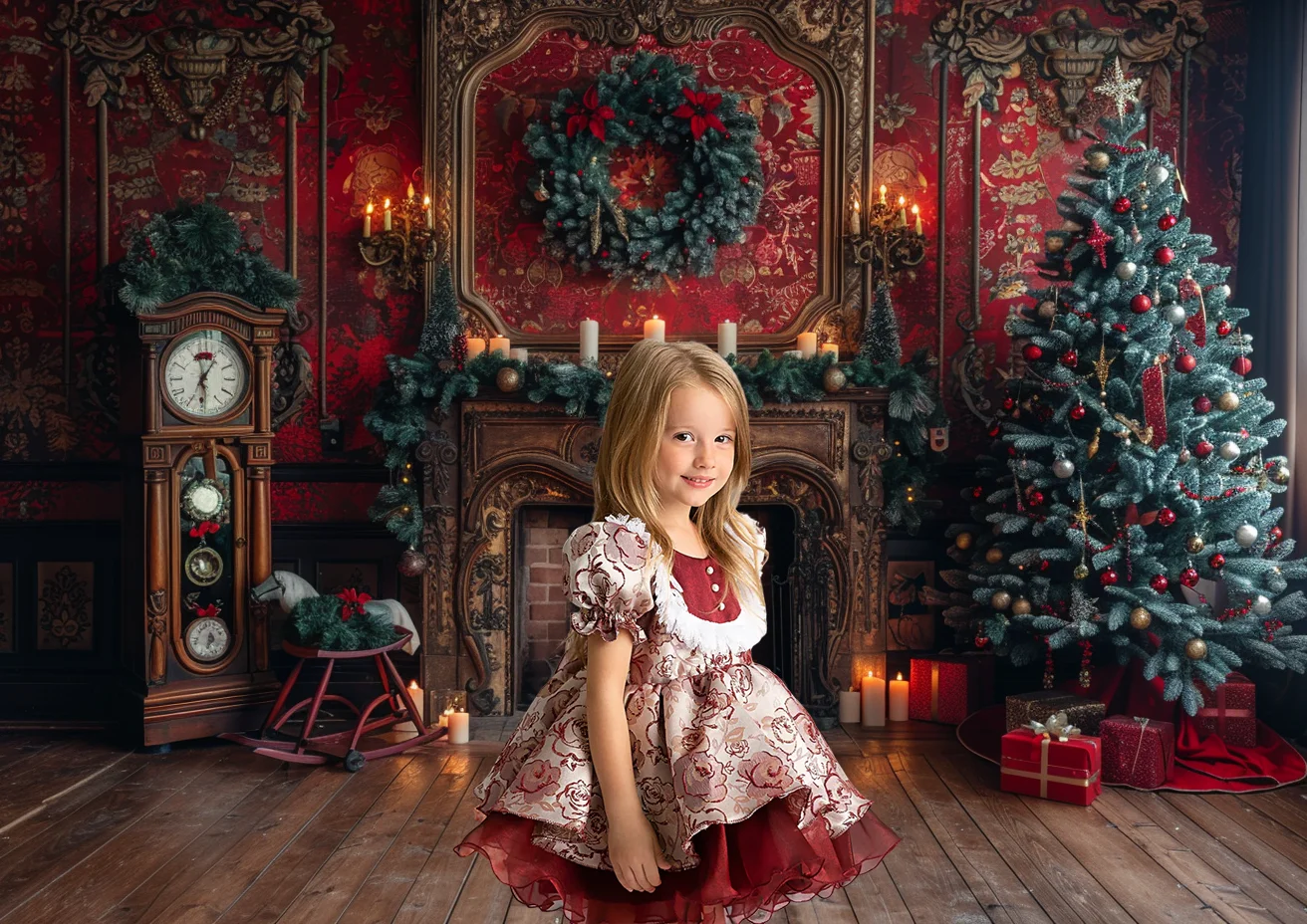 Christmas Photography Backdrop Christmas Tree Fireplace Clock Wreath Garland Gifts Horse Figurines Candle Photo Studio Photocall