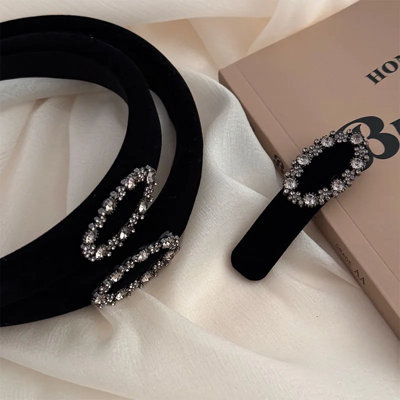 High-Grade Oval Rhinestone Headband/Hairpin Black Velvet Wide-Brimmed Style go out Face Wash Hair Band Hairpin Hair Accessories