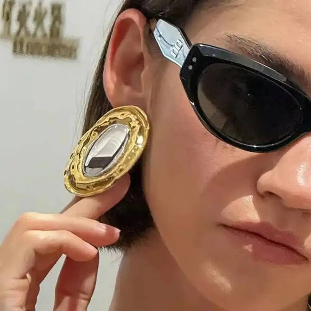 SHIXIN Exaggerated Stainless Steel Glossy Round Circle Stud Earring Women 18K Gold Plated Piercing Ear Retro Waterproof Jewelry