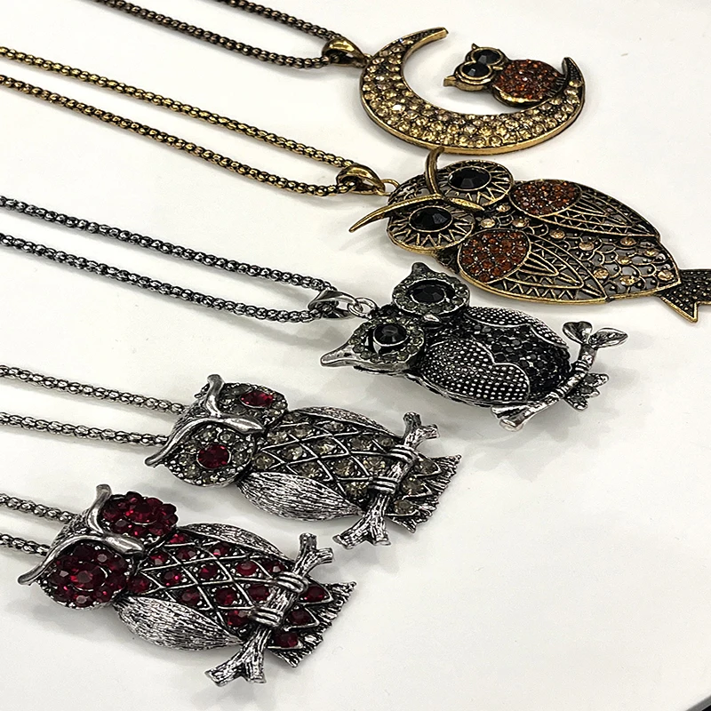

New in Cheap vintage Enamel rhinestone iced out pendant owl long necklace/coruja/buho/hibou/collier/neckless/colar/collana