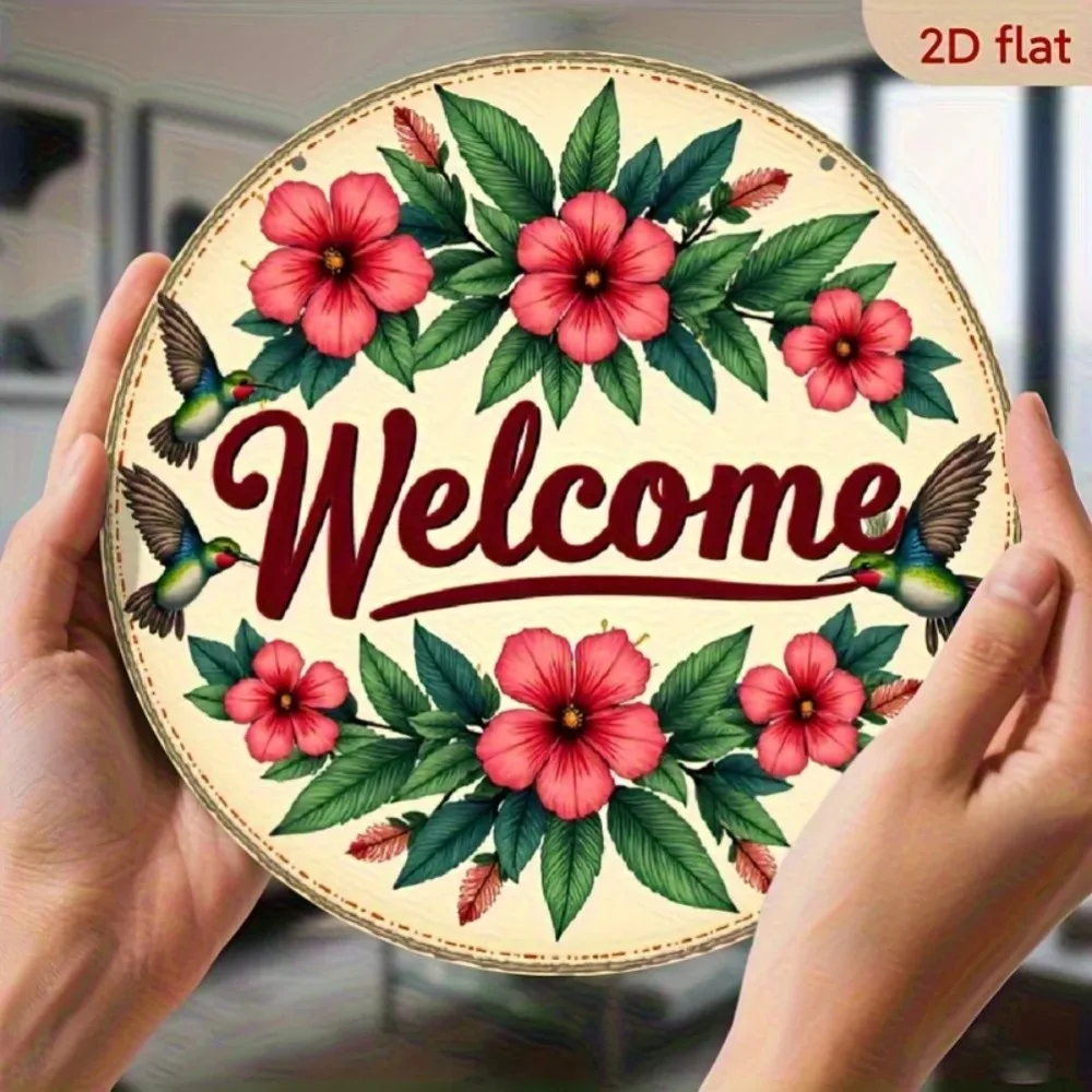 Decoração de parede de metal de boas-vindas rústica - Arte em alumínio de beija-flor floral redondo