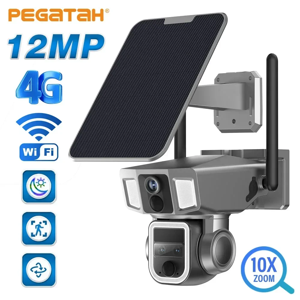 PEGATAH 12MP 4G Wireless 10X Zoom Solar Camera 4K WiFi Three Lens Solar Panel Human Detection PTZ Security Cam Waterproof Camera