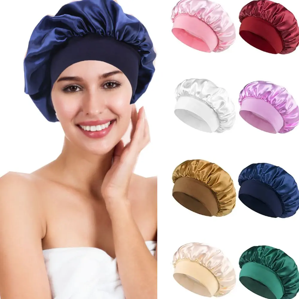 Elastic Edge Wrap Imitation Silk Night Sleep Hat Long Hair Care Bonnet Bathroom Products Solid Satin Large Satin Shower Caps