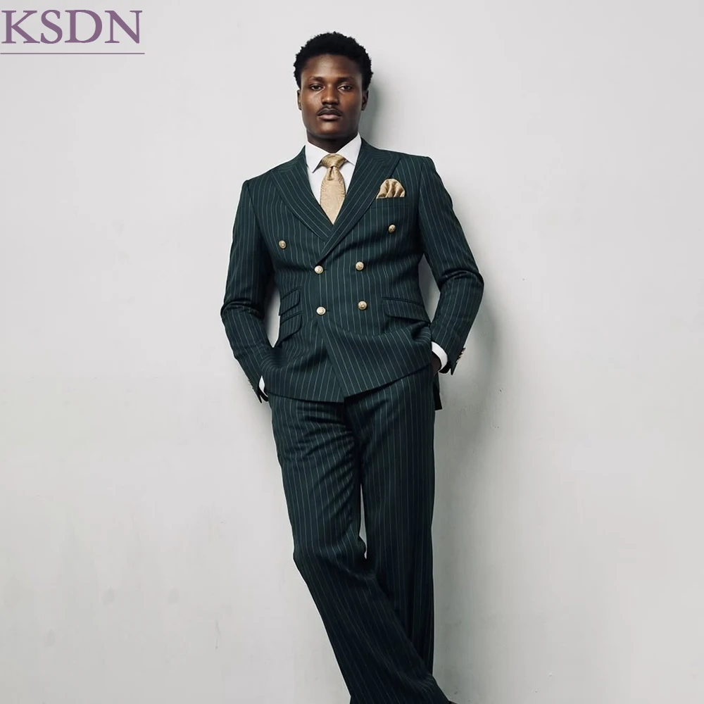 Groomsmen Stripe Men's Suits Luxury Double Breasted Peak Lapel 2 Piece Jacket Pants Formal Event Male Clothing Costume Homme